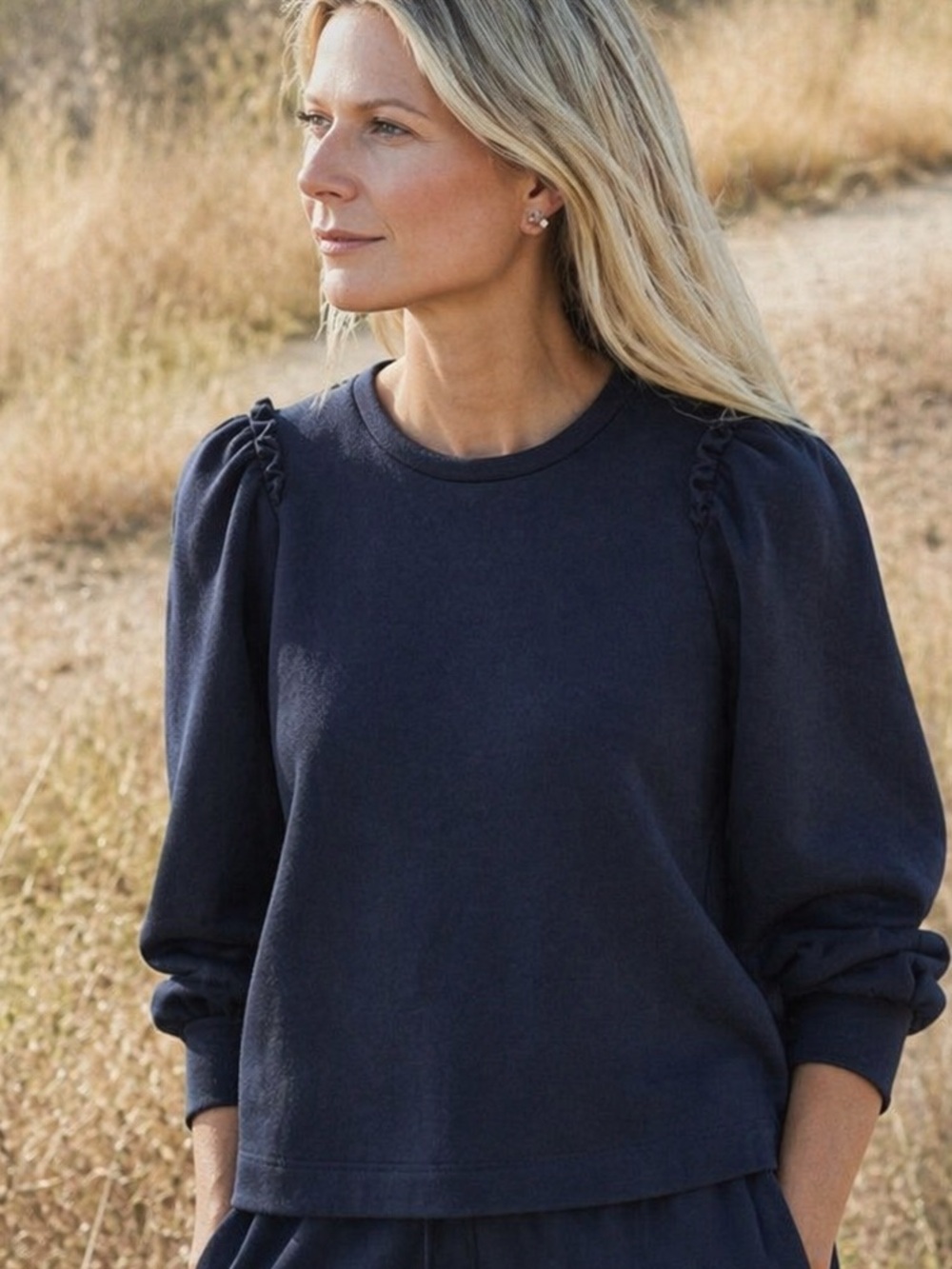 G. By Goop Torres Puff-Sleeve Ruffle Sweatshirt Pullover Navy Blue Casual Small
